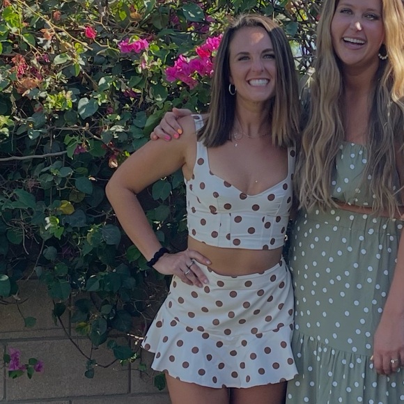 Zara Dresses & Skirts - Zara Cream and Brown Polka Dot Mini Skirt & Top Set